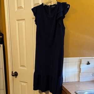 Womens Navy Midi Dress with Ruffle Sleeves
